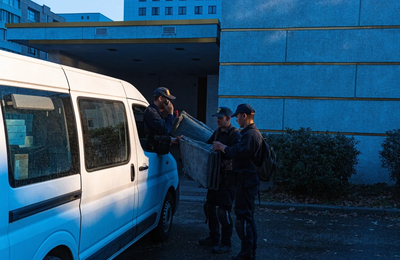 Разъездная клининговая бригада приезжает на объект ранним утром